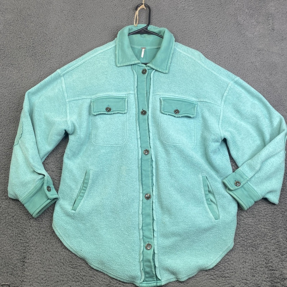 Free People Jacket Womens Small Teal Green Shacket Button Front Pockets Fleece